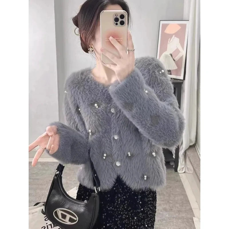 CITSLX 2025 Autumn And Winter heavy industry Women Knitted Cardigan Sweater Coat Imitation mink fur comfortable Female Sweater Jacket