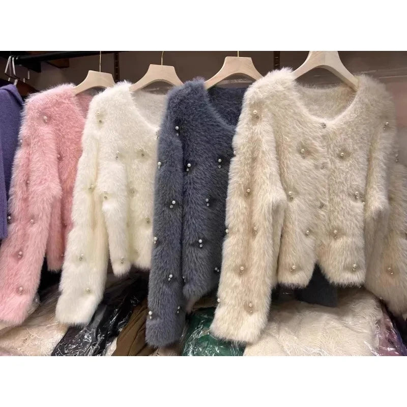 CITSLX 2025 Autumn And Winter heavy industry Women Knitted Cardigan Sweater Coat Imitation mink fur comfortable Female Sweater Jacket