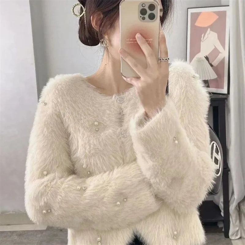 CITSLX 2025 Autumn And Winter heavy industry Women Knitted Cardigan Sweater Coat Imitation mink fur comfortable Female Sweater Jacket