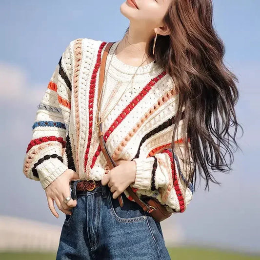 CITSLX 2025 Striped Hollow Knitted Batwing Sleeve Crewneck Sweater Women's 2024 Autumn New Korean Style Loose Simple Elegant Casual Top