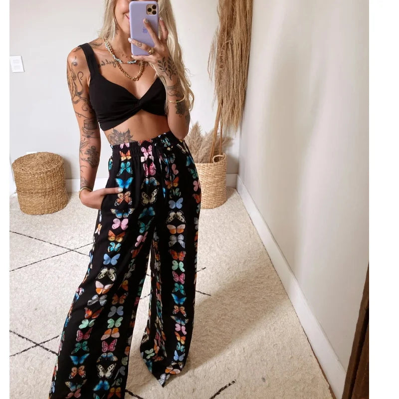 CITSLX 2Pcs Suit Summer Tracksuit Sets Womens Outfits Boho Beach Style Print Underwear Loose Wide Leg Pants Ropa Mujer Подходить New