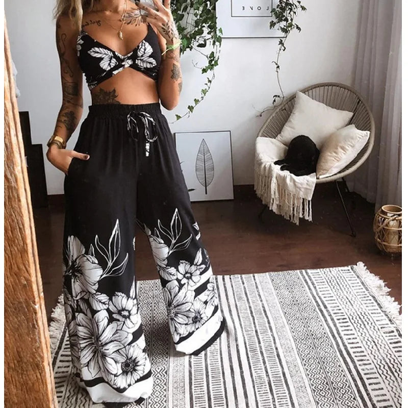 CITSLX 2Pcs Suit Summer Tracksuit Sets Womens Outfits Boho Beach Style Print Underwear Loose Wide Leg Pants Ropa Mujer Подходить New