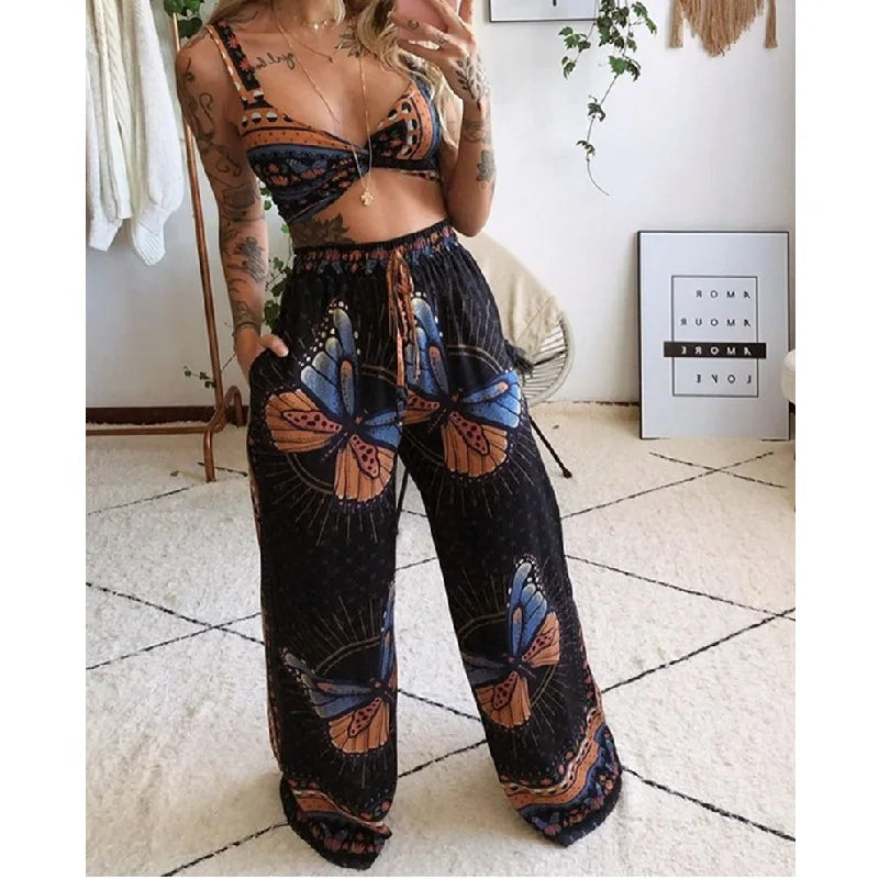 CITSLX 2Pcs Suit Summer Tracksuit Sets Womens Outfits Boho Beach Style Print Underwear Loose Wide Leg Pants Ropa Mujer Подходить New