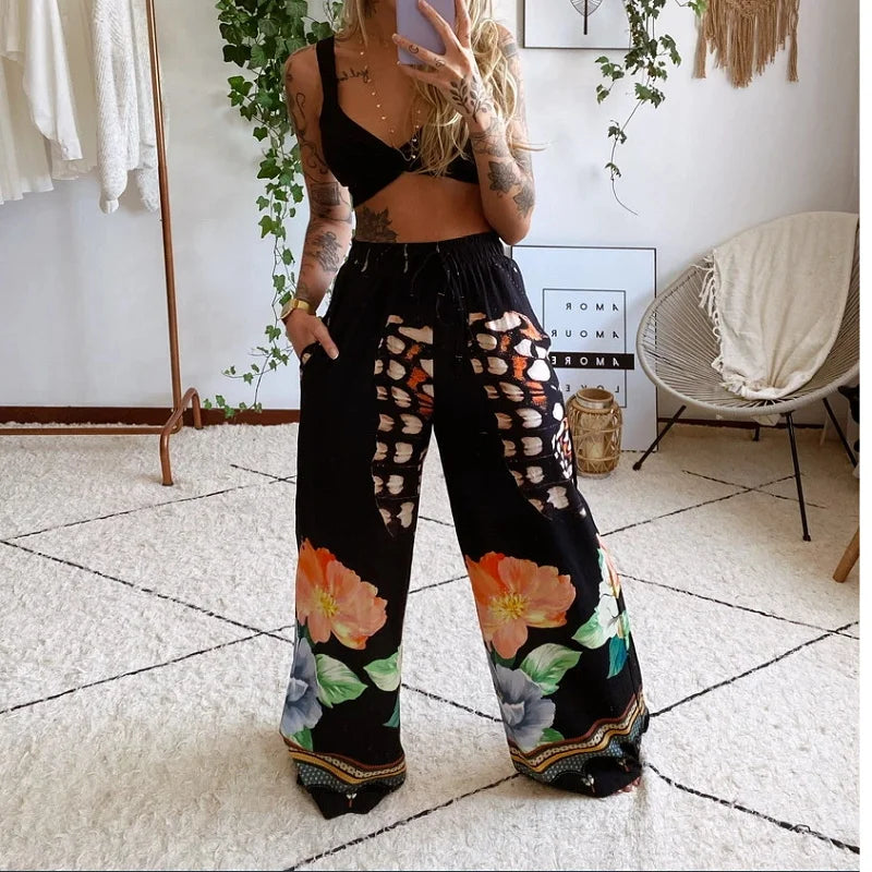 CITSLX 2Pcs Suit Summer Tracksuit Sets Womens Outfits Boho Beach Style Print Underwear Loose Wide Leg Pants Ropa Mujer Подходить New