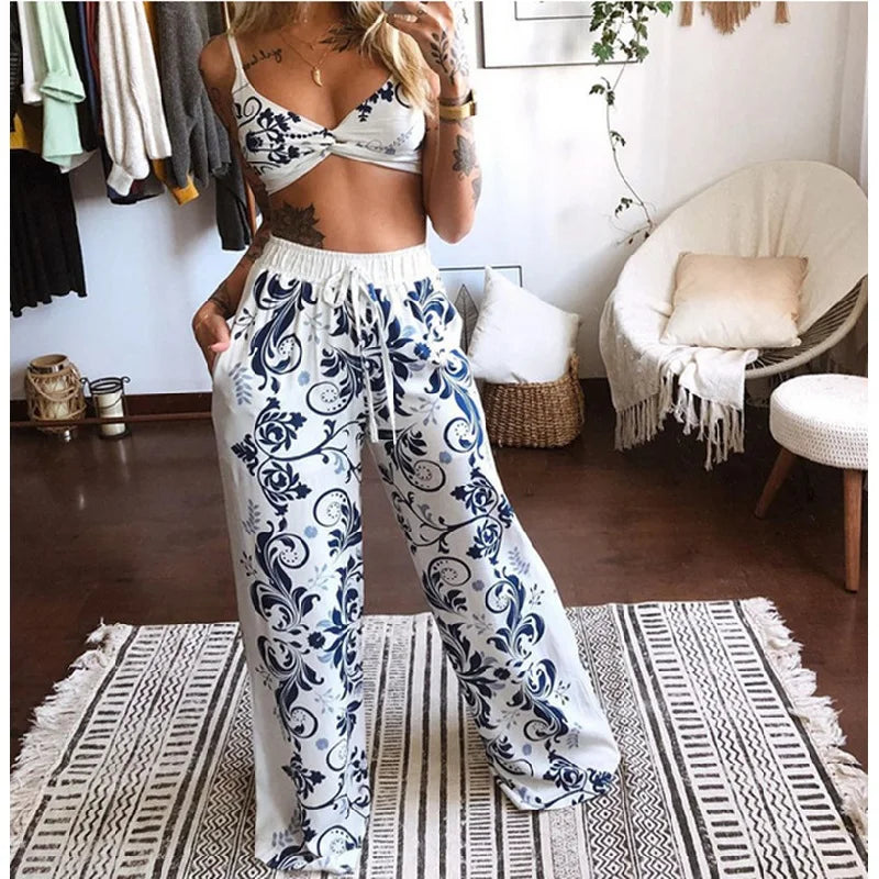 CITSLX 2Pcs Suit Summer Tracksuit Sets Womens Outfits Boho Beach Style Print Underwear Loose Wide Leg Pants Ropa Mujer Подходить New