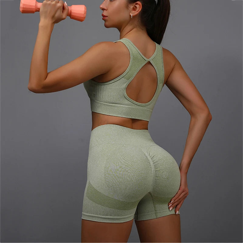 CITSLX 2pcs Yoga Sets Womens Outfits Peach Hip Lifting Suit Neck Hanging Sports Bra Shockproof Quick Drying Shorts Set Female Tracksuit