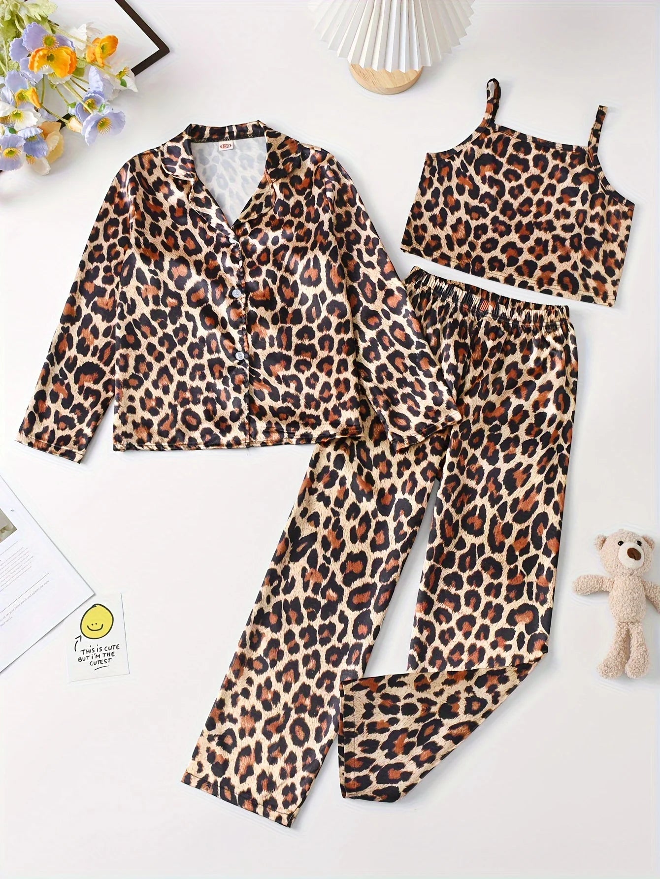 CITSLX 3-Piece Girls Leopard Print Satin Pajama Set - Soft, Comfortable Loungewear with Button Up Lapel Collar Blouse, Cami Top, Pants