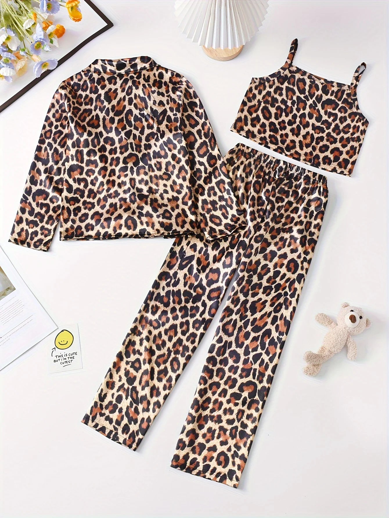 CITSLX 3-Piece Girls Leopard Print Satin Pajama Set - Soft, Comfortable Loungewear with Button Up Lapel Collar Blouse, Cami Top, Pants