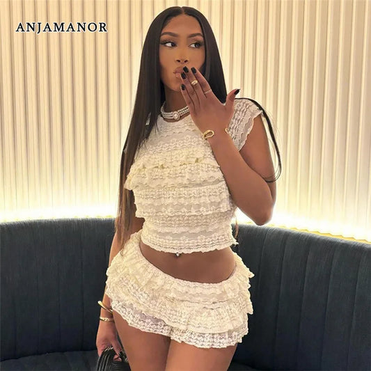 CITSLX ANJAMANOR 2 Piece Sets Jacquard Lace Tiered Skirt and Crop Top Matching Set Women Clothing Y2k Summer Outfits 2024 D78-EA24