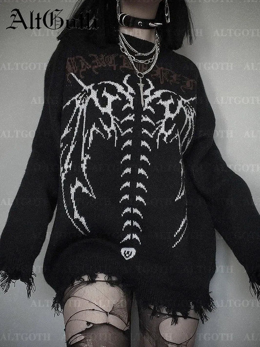 CITSLX AltGoth Harajuku Cyber Y2k Gothic Sweater Women Streetwear Grunge Emo Alt Skeleton Long Sleeve Loose Casual Knitted Pullovers