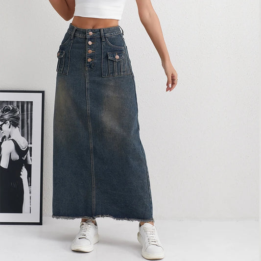 CITSLX American Retro Elegant High Waist Denim Skirt Blue Gray Female Fashionable Casual Slim A-Line Pocket Women's Jeans Long Skirt