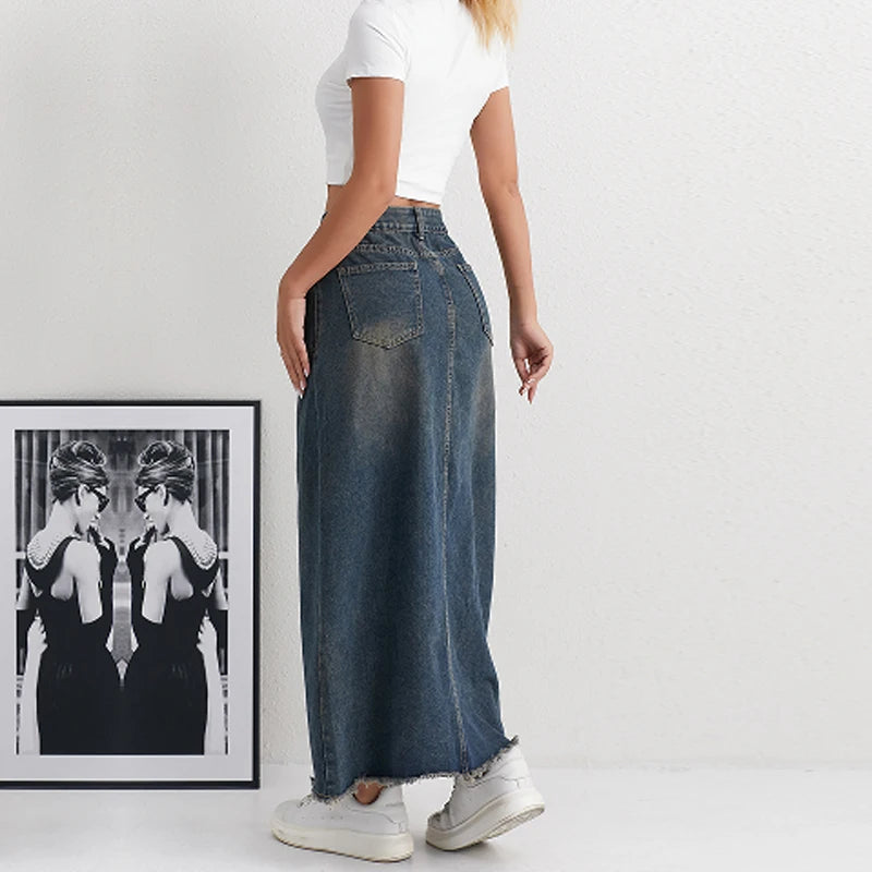 CITSLX American Retro Elegant High Waist Denim Skirt Blue Gray Female Fashionable Casual Slim A-Line Pocket Women's Jeans Long Skirt