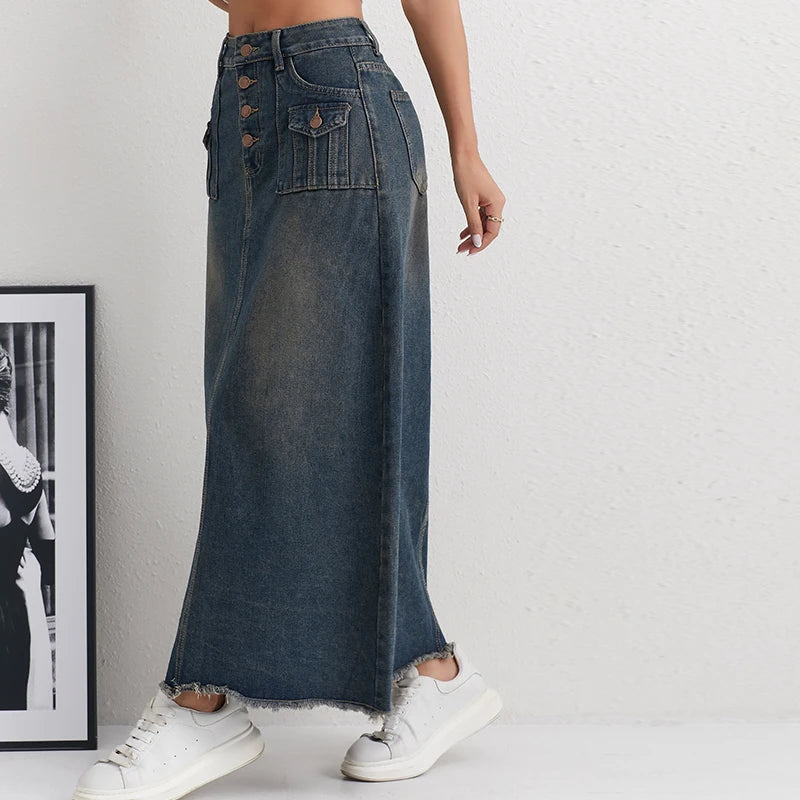 CITSLX American Retro Elegant High Waist Denim Skirt Blue Gray Female Fashionable Casual Slim A-Line Pocket Women's Jeans Long Skirt