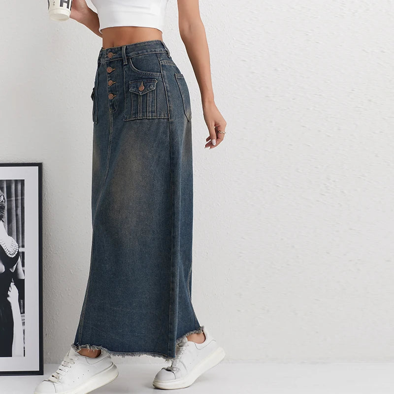 CITSLX American Retro Elegant High Waist Denim Skirt Blue Gray Female Fashionable Casual Slim A-Line Pocket Women's Jeans Long Skirt