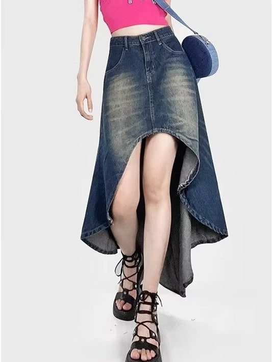 CITSLX American Retro Irregular Denim Skirt Summer 2024 High Waist Streetwear Vintage Washed  Midi Jeans Skirt Female