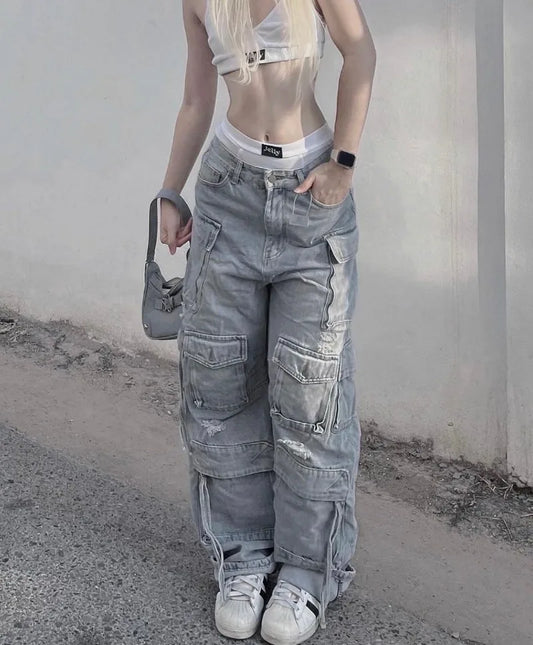 CITSLX American Style Multi-pocket Washed Overalls for Women Y2k Retro Street Loose Jeans Baggy Jeans Harajuku Style Hip Hop Trousers