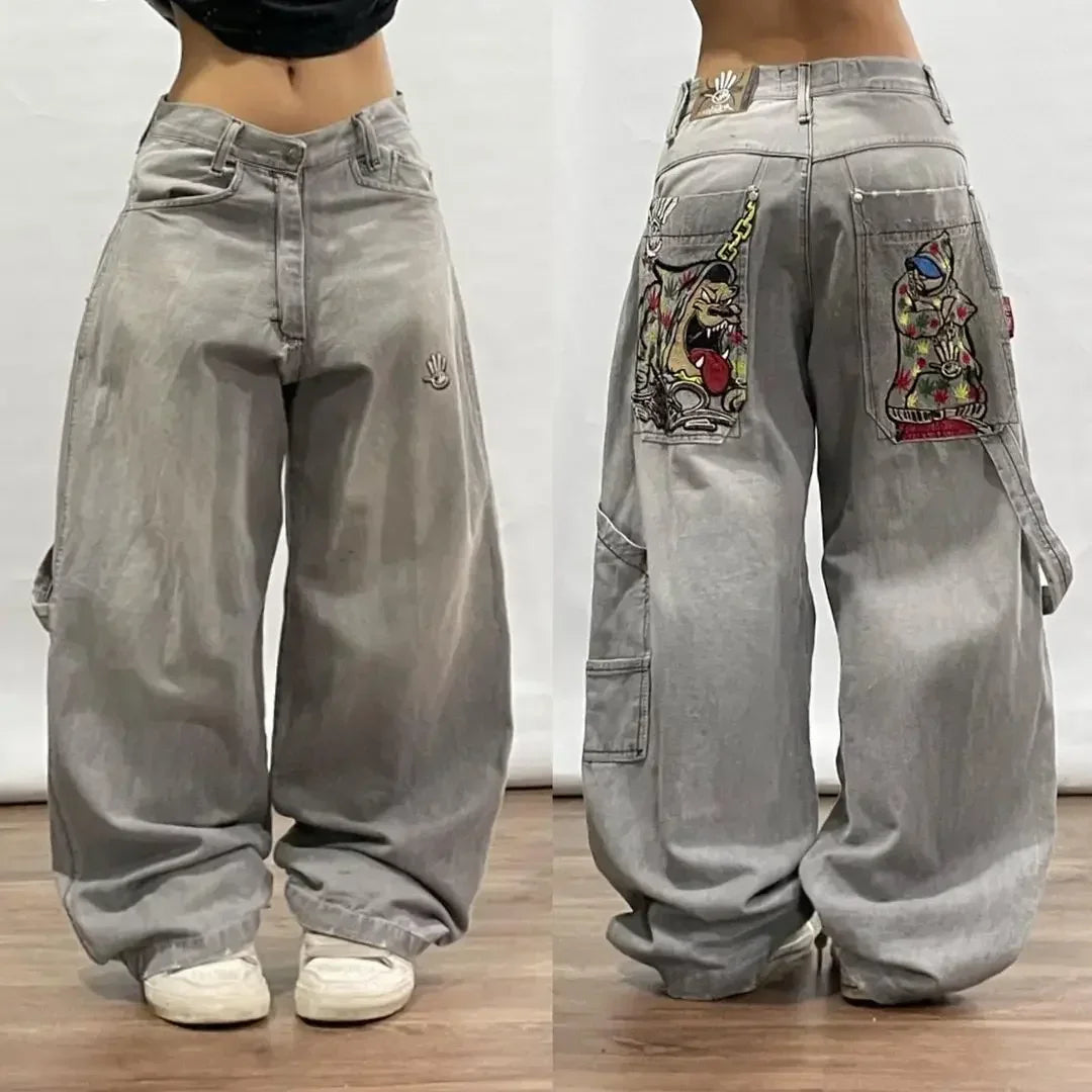 CITSLX American Vintage Gothic Print Jeans Women Y2K New Street Hip Hop Low Waist Mopping Wide Leg Pants Harajuku Casual Loose Trousers