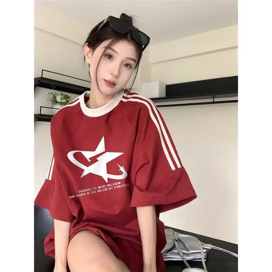 CITSLX American red retro lazy style letter printed short-sleeved T-shirt for women summer loose slim casual mid-length niche top ins