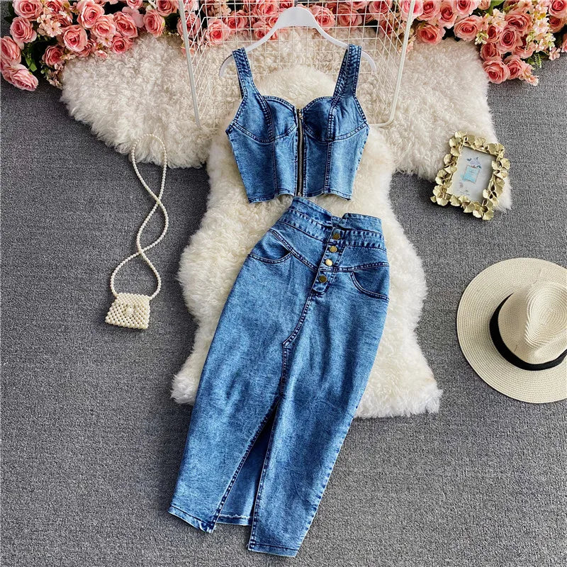 CITSLX Amolapha Women Summer Denim Clothes Sets Strapless Strap Cowboy Camisole Tops+High Waist Split Jeans Mid-Length Skirts Suits