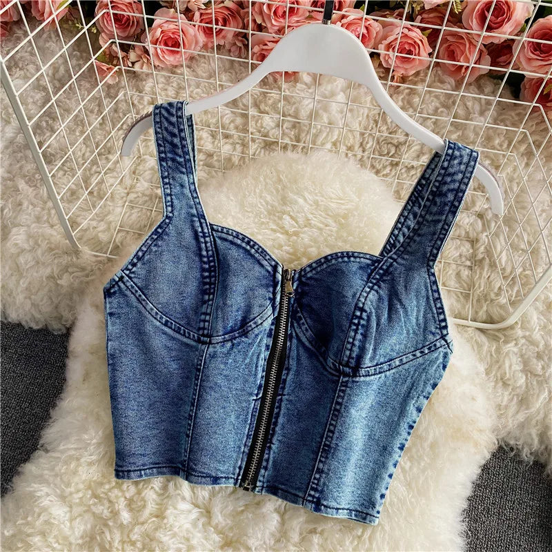 CITSLX Amolapha Women Summer Denim Clothes Sets Strapless Strap Cowboy Camisole Tops+High Waist Split Jeans Mid-Length Skirts Suits