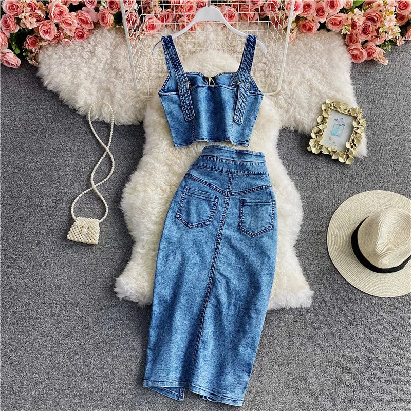 CITSLX Amolapha Women Summer Denim Clothes Sets Strapless Strap Cowboy Camisole Tops+High Waist Split Jeans Mid-Length Skirts Suits