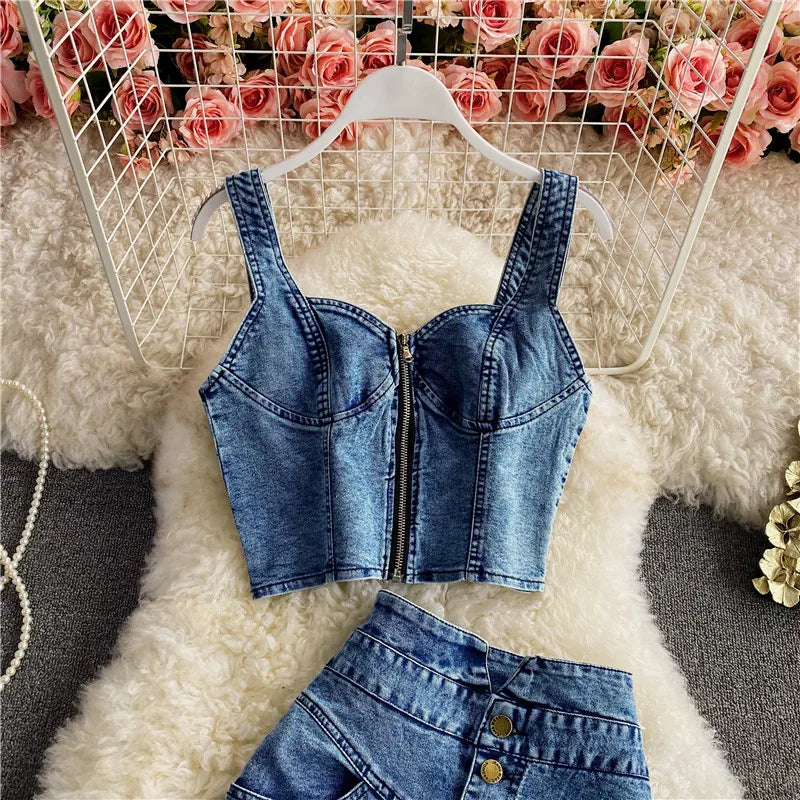 CITSLX Amolapha Women Summer Denim Clothes Sets Strapless Strap Cowboy Camisole Tops+High Waist Split Jeans Mid-Length Skirts Suits