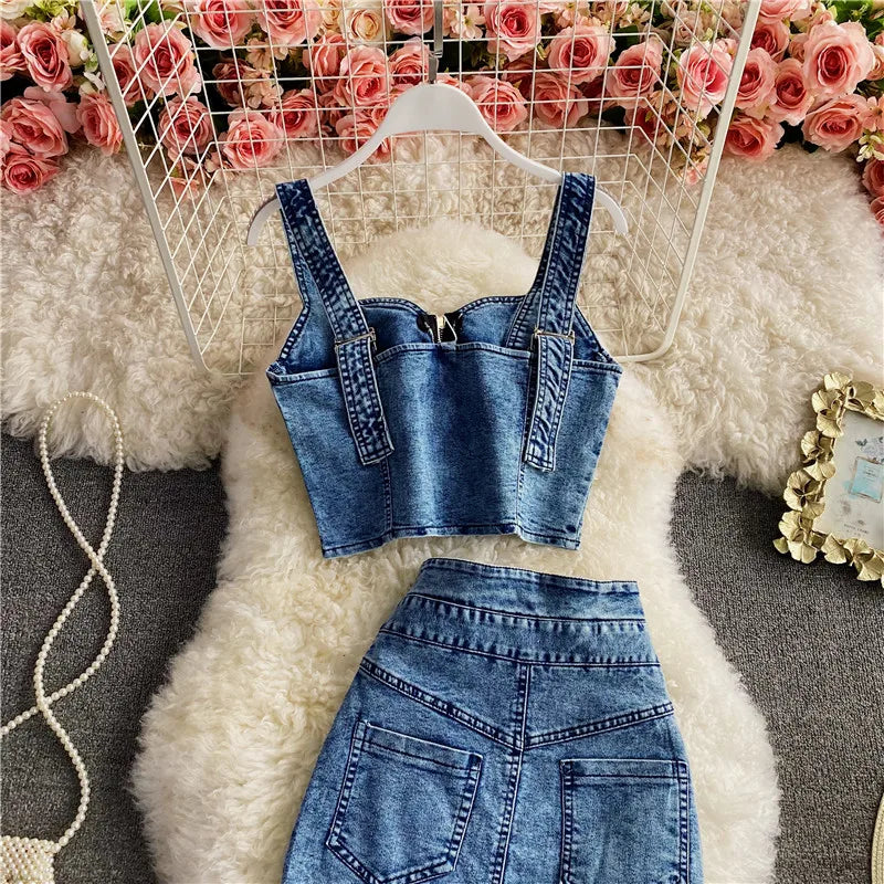 CITSLX Amolapha Women Summer Denim Clothes Sets Strapless Strap Cowboy Camisole Tops+High Waist Split Jeans Mid-Length Skirts Suits