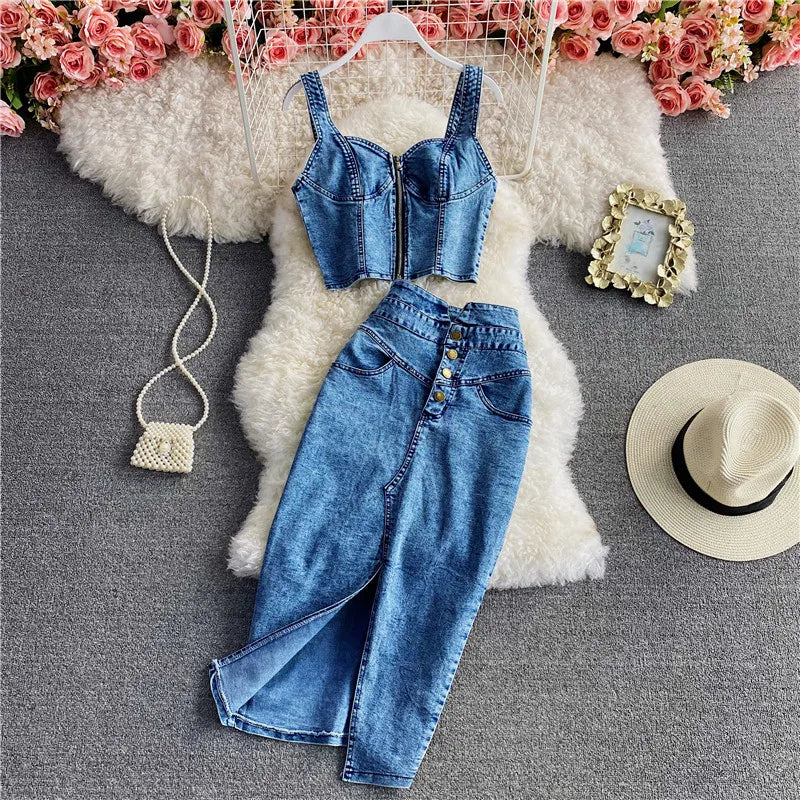 CITSLX Amolapha Women Summer Denim Clothes Sets Strapless Strap Cowboy Camisole Tops+High Waist Split Jeans Mid-Length Skirts Suits