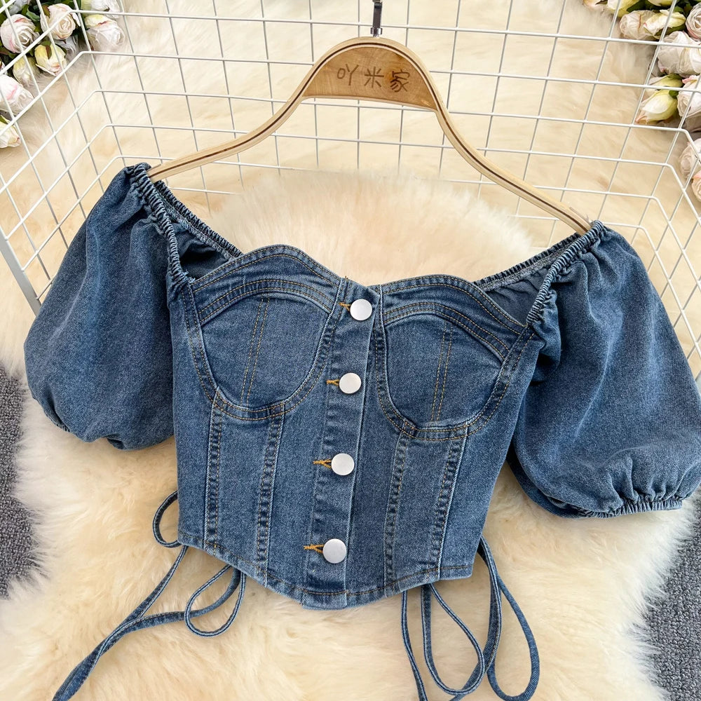 CITSLX Women Summer Jeans Sets Strapless Bandage Denim Short Style Tops+Mini Fishtail Denim Skirt 2 Pieces Clothing Suits