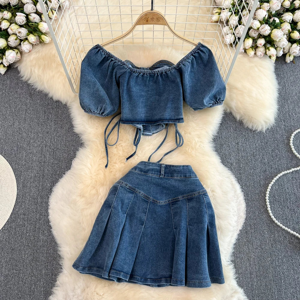 CITSLX Women Summer Jeans Sets Strapless Bandage Denim Short Style Tops+Mini Fishtail Denim Skirt 2 Pieces Clothing Suits