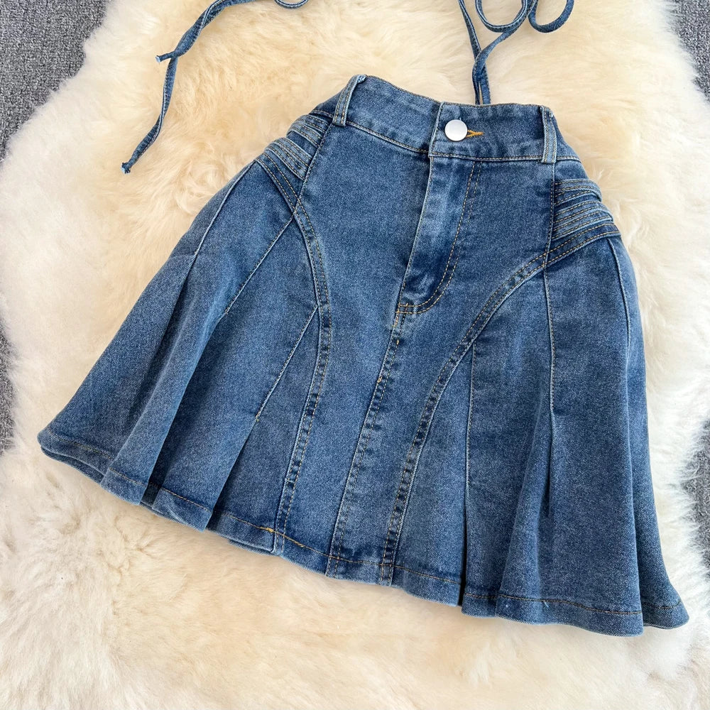 CITSLX Women Summer Jeans Sets Strapless Bandage Denim Short Style Tops+Mini Fishtail Denim Skirt 2 Pieces Clothing Suits