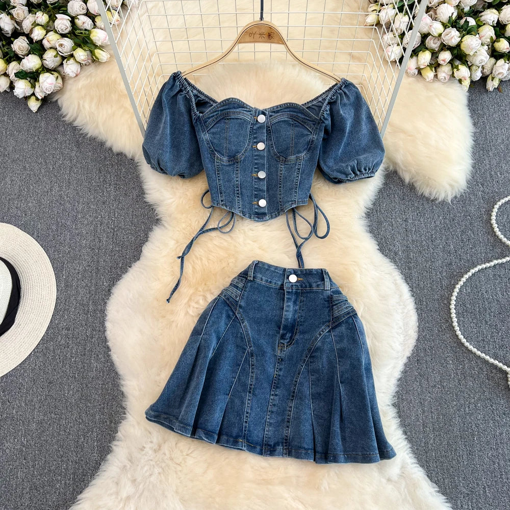 CITSLX Women Summer Jeans Sets Strapless Bandage Denim Short Style Tops+Mini Fishtail Denim Skirt 2 Pieces Clothing Suits