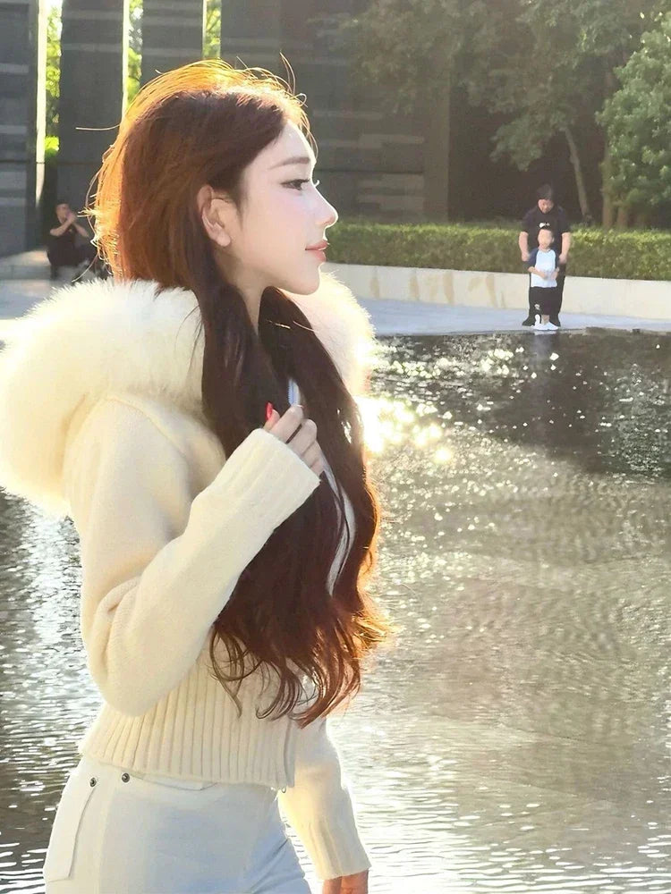 CITSLX Autumn Fluffy Faux Fur Hooded Jacket Femme Knitted Long Sleeve Cardigan Zipper Sweater Women Winter Outerwear