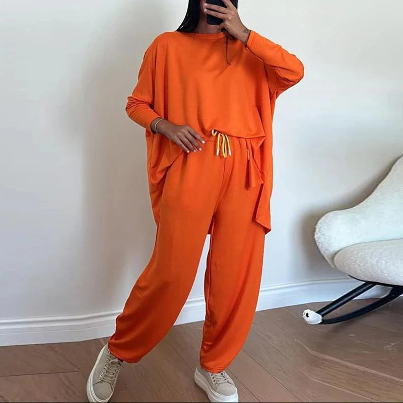 CITSLX Autumn Long Sleeve Loose Leisure Suit Woman Fashion Round Neck Top Pullover & Long Pants Outfit Spring Solid Color Two Piece Set