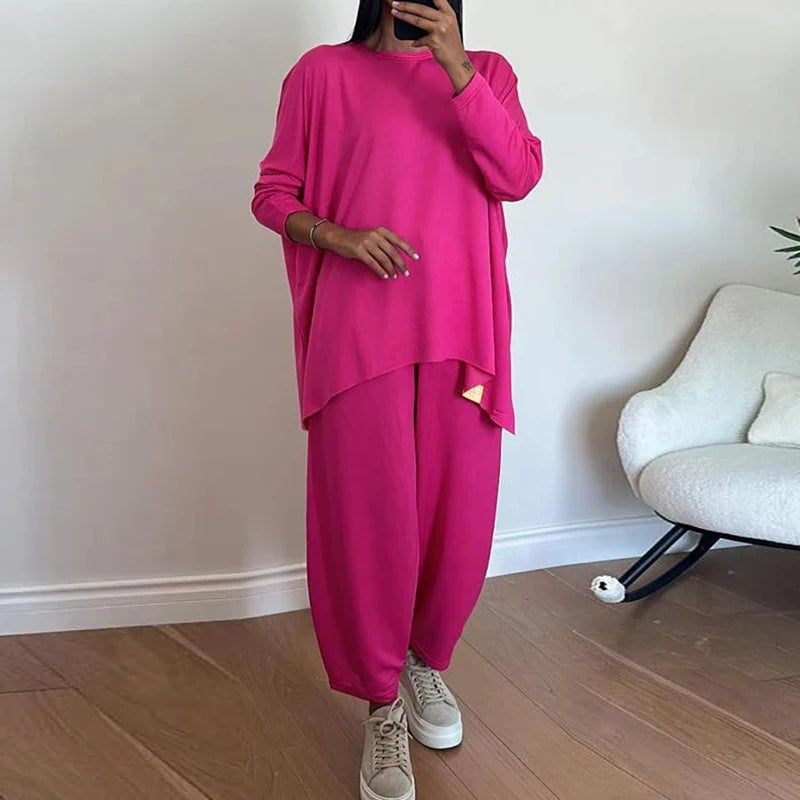 CITSLX Autumn Long Sleeve Loose Leisure Suit Woman Fashion Round Neck Top Pullover & Long Pants Outfit Spring Solid Color Two Piece Set