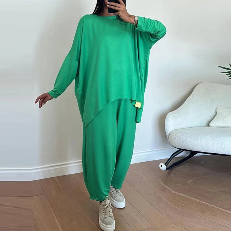 CITSLX Autumn Long Sleeve Loose Leisure Suit Woman Fashion Round Neck Top Pullover & Long Pants Outfit Spring Solid Color Two Piece Set