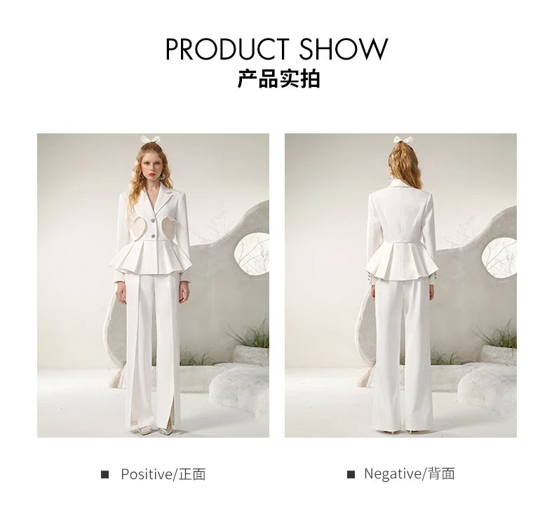 CITSLX Autumn New Design Commuter Love Pocket Suit Split Wide Leg Trousers Outfits White Business Temperament Women Two Pieces Sets