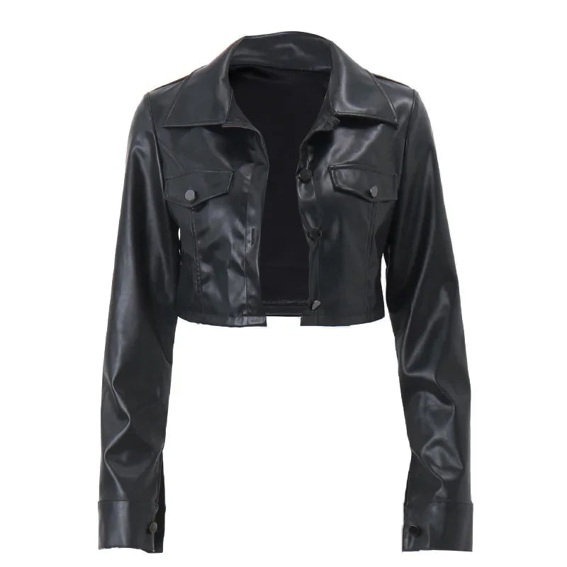 CITSLX Autumn Sexy Streetwear Black Leather Jacket Short For Women Slim Turn-Down Collar Single Breasted Locomotive Crop Outerwears