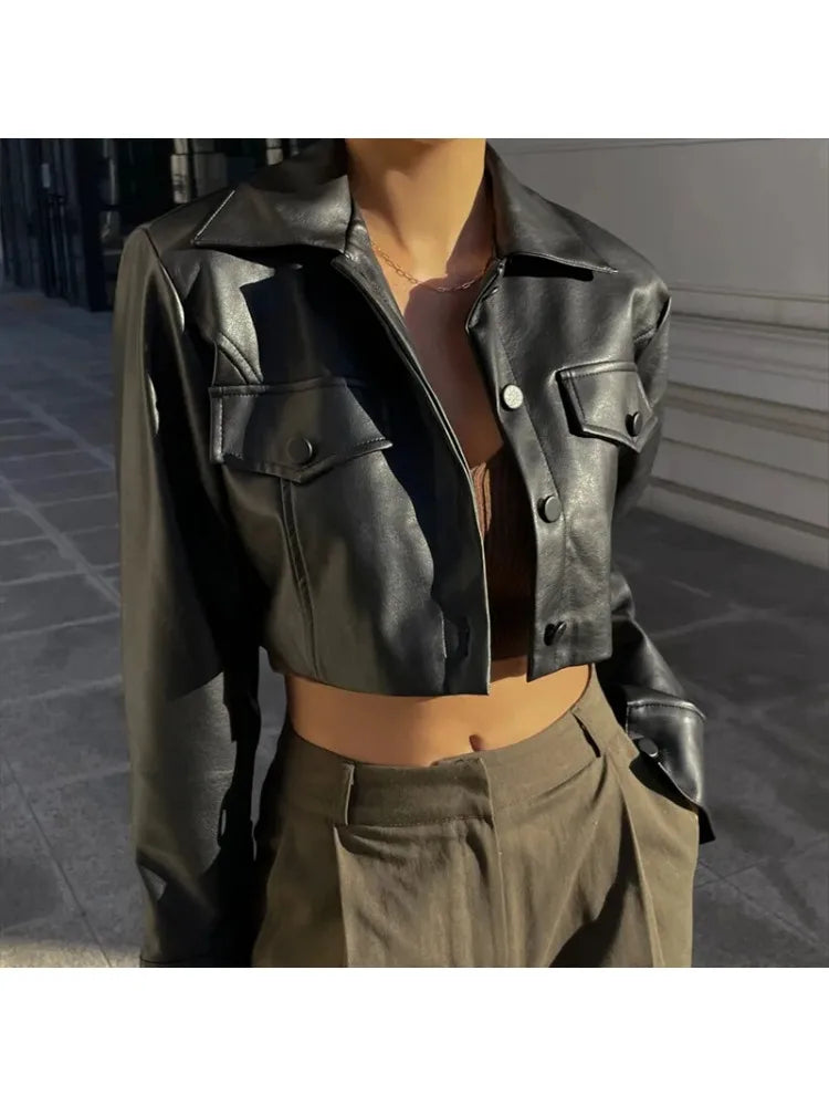 CITSLX Autumn Sexy Streetwear Black Leather Jacket Short For Women Slim Turn-Down Collar Single Breasted Locomotive Crop Outerwears