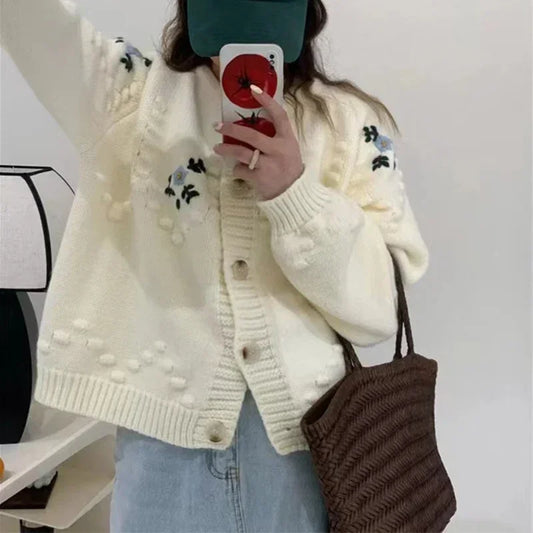 CITSLX Autumn Warm Long Sleeve Knitted Cardigan Flower Embroidery Sweater Women Casual Single Breasted Sweater Coat