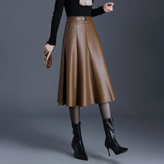 CITSLX Autumn Winter Midi Pu Faux Leather Skirt Women Coffee Color Black Long High Waisted Pleated A-Line Skirts For  2025 N85