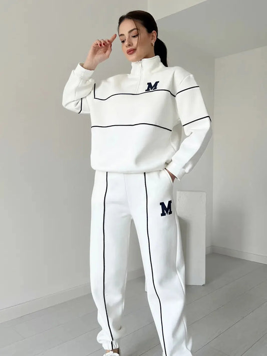 CITSLX Autumn Winter New Fashion Letter Print Sweatshirt Set Casual Zipper Half Open Collar Long-sleeve Top + Sweatpants Two-piece Suit