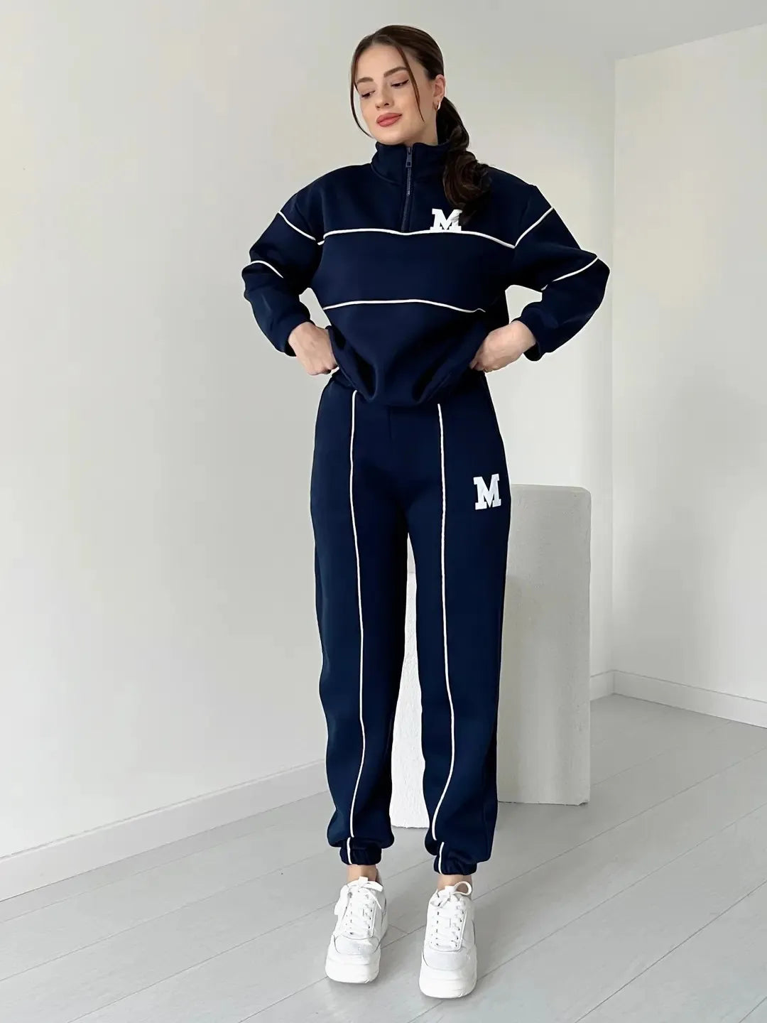 CITSLX Autumn Winter New Fashion Letter Print Sweatshirt Set Casual Zipper Half Open Collar Long-sleeve Top + Sweatpants Two-piece Suit