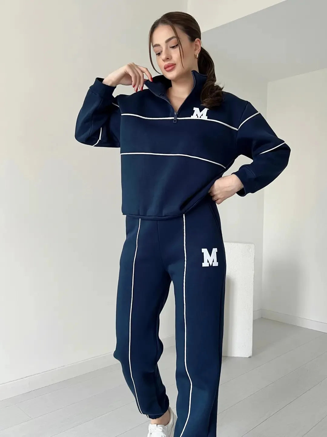 CITSLX Autumn Winter New Fashion Letter Print Sweatshirt Set Casual Zipper Half Open Collar Long-sleeve Top + Sweatpants Two-piece Suit