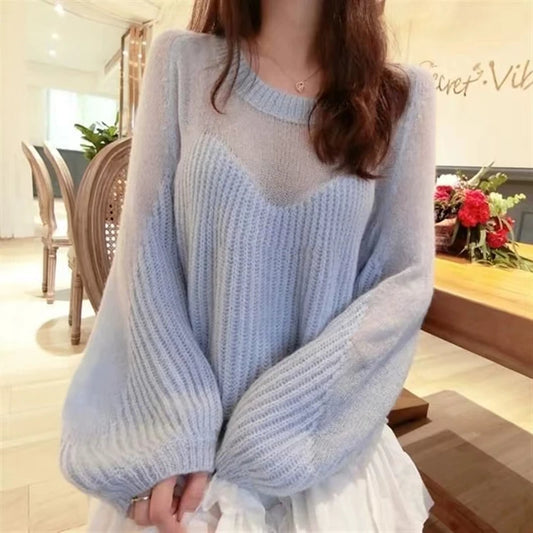 CITSLX Autumn Winter Sweater Women's O-neck Hollow out lantern sleeves Pullover Women's korean pink blue Top Knitwear Trending Sweaters