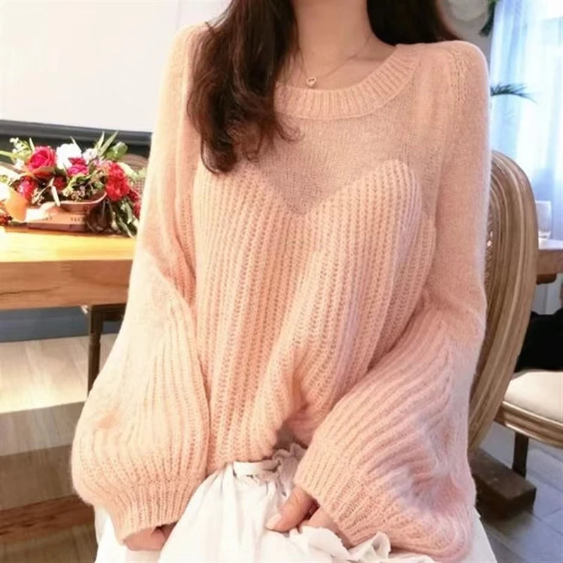 CITSLX Autumn Winter Sweater Women's O-neck Hollow out lantern sleeves Pullover Women's korean pink blue Top Knitwear Trending Sweaters