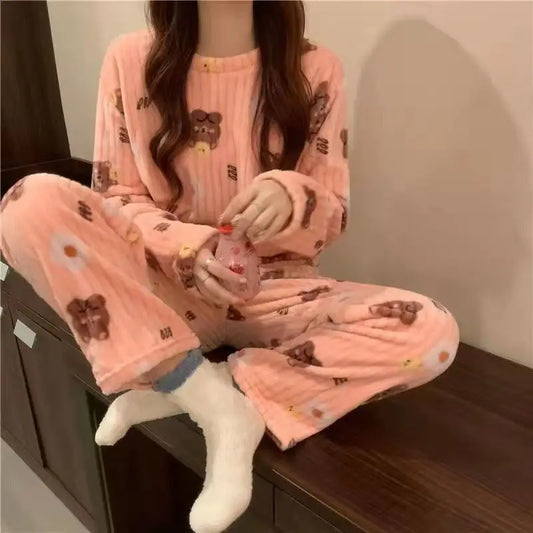 CITSLX Autumn Winter Warm Flannel Fleecing Women Pyjamas Sets Long Sleeve Thick Coral Velvet Cartoon Sleepwear Thin Flannel Pajamas Set