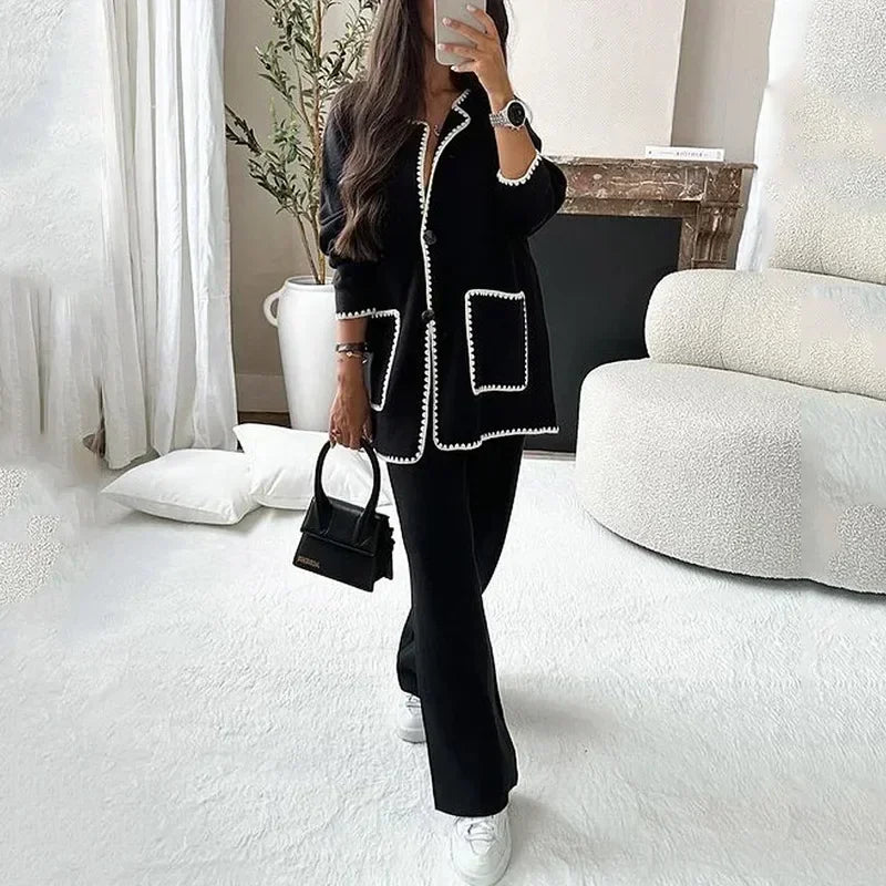 CITSLX Autumn Women Two Piece Sets Regular Round Neck Loose Coats Cardigan Solid Straight Wide Leg Long Pants Set High Waist 2024