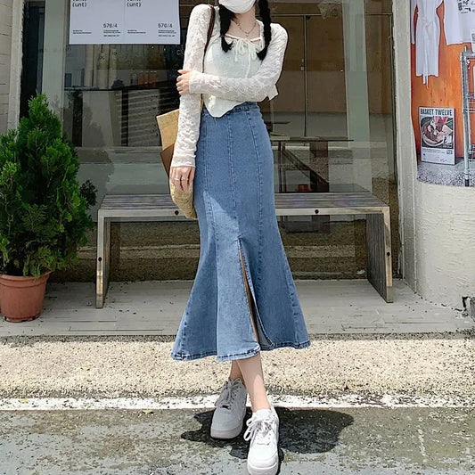 CITSLX BIYABY Korean Style Bodycon Fishtail Skirts for Women Fashion Denim Split Long Skirt 2024 New High Waisted Ruffles Midi Skirts