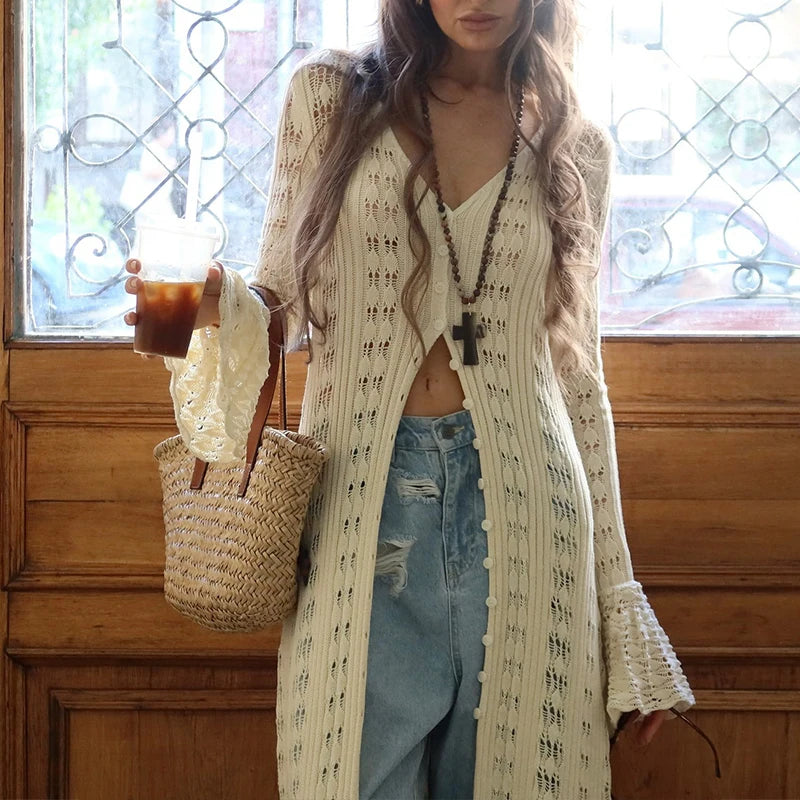 CITSLX BKLD Aesthetic Fairy Vacation Style Single Breasted Ruched Hollow Woolen V Neck Long Flare Sleeves Leisure Long Cardigan Trendy